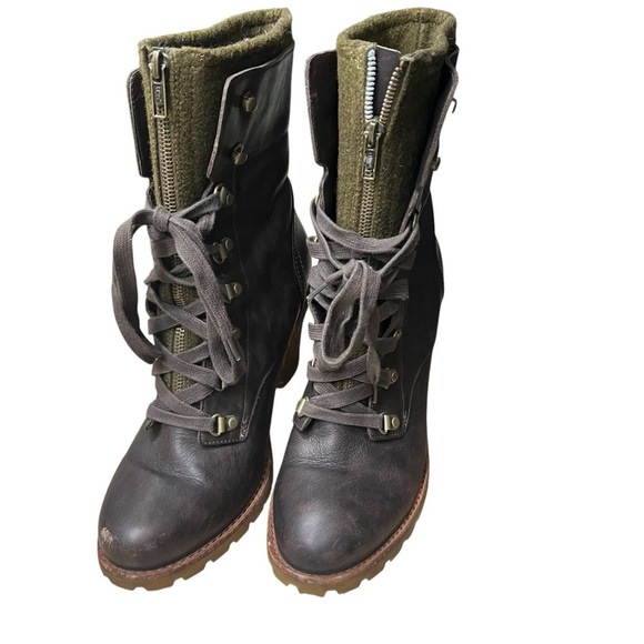 UGG Fabrice Sheepskin Lace Up Zip Chunky Heel in Brown/Olive Size 10 - Flaw - Picture 3 of 11